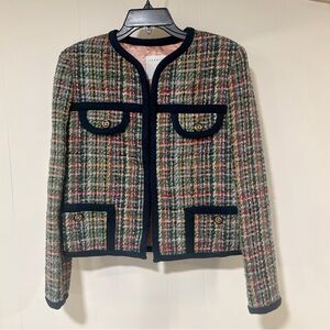 Sandro Multicolor Tweed Blazer with Navy Blue Trim & Golden Vintage Buttons